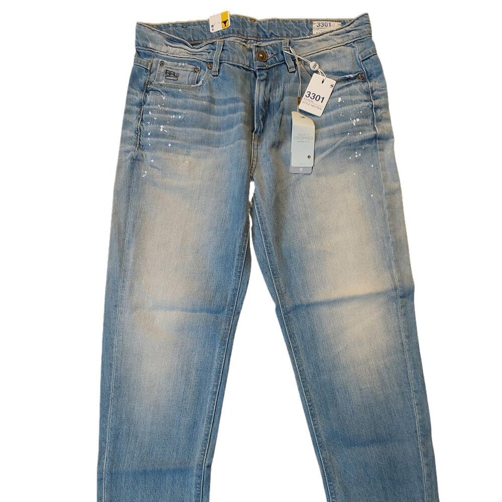 G-Star Raw 3301 Tapered Aged Light Blue Scatter Denim Ripped Jeans Sz 26 NWT